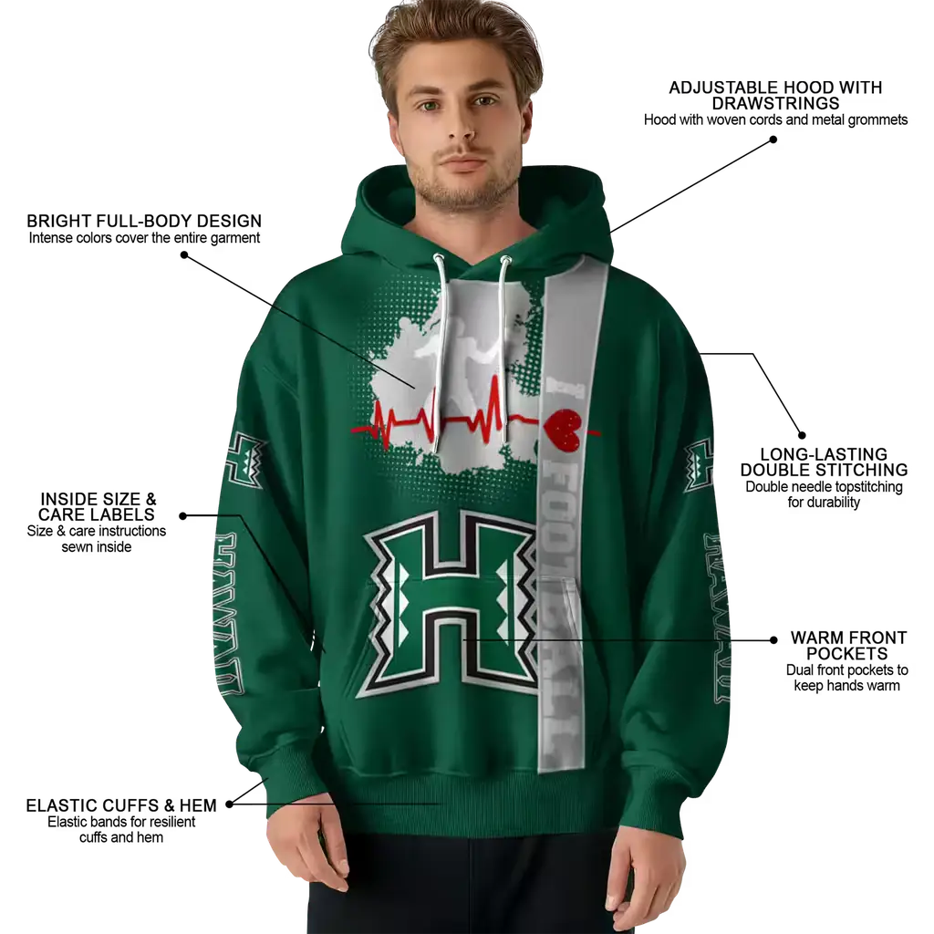 hawaii rainbow warriors football heartbeat green hoodie latest model hawaii rainbow warriors football heartbeat green hoodie latest model