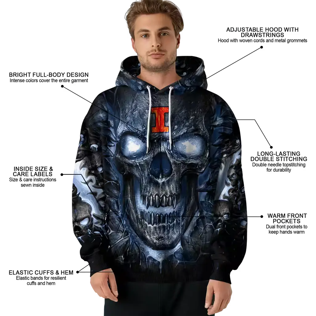 illinois fighting illini demonic skull blue black hoodie latest model illinois fighting illini demonic skull blue black hoodie latest model