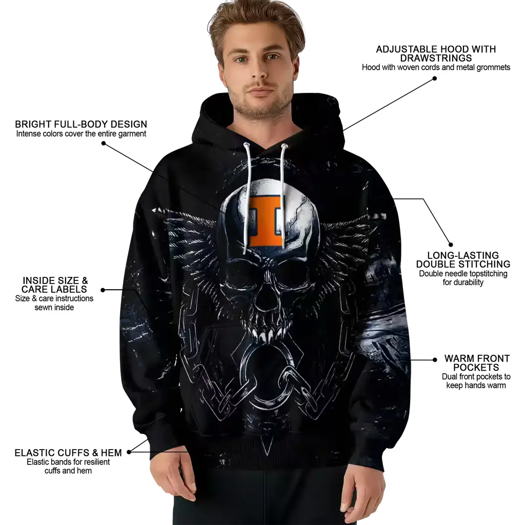 illinois fighting illini skull artwork blue black hoodie latest model illinois fighting illini skull artwork blue black hoodie latest model