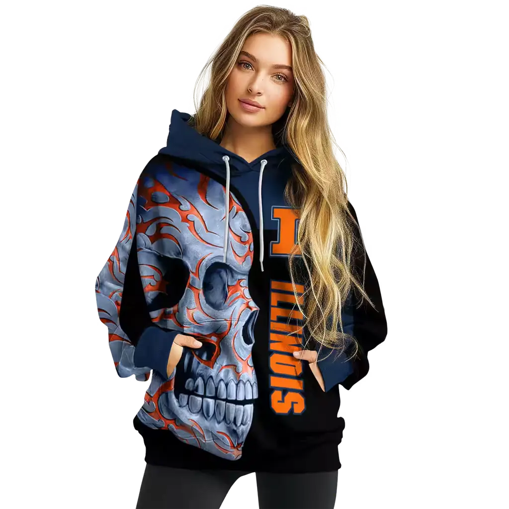 illinois fighting illini skull motif blue black hoodie high quality illinois fighting illini skull motif blue black hoodie high quality