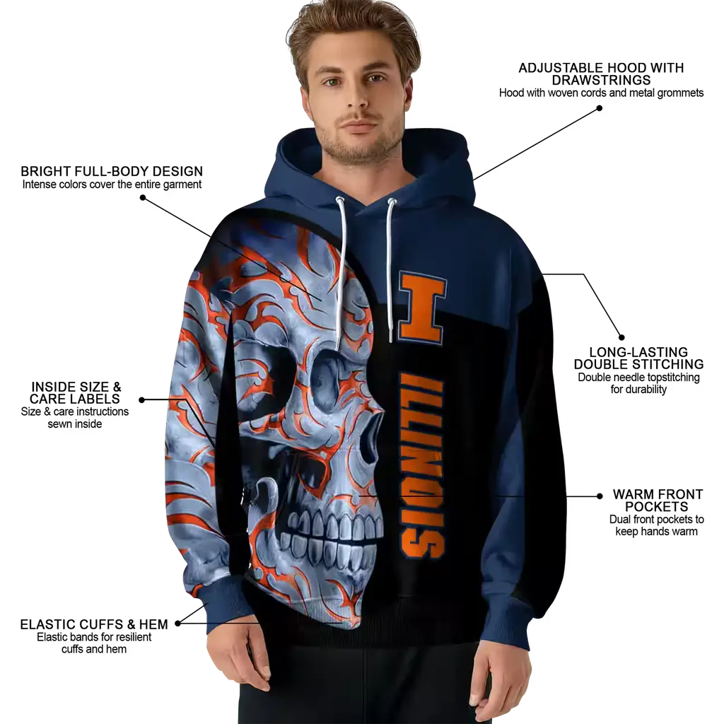 illinois fighting illini skull motif blue black hoodie latest model illinois fighting illini skull motif blue black hoodie latest model