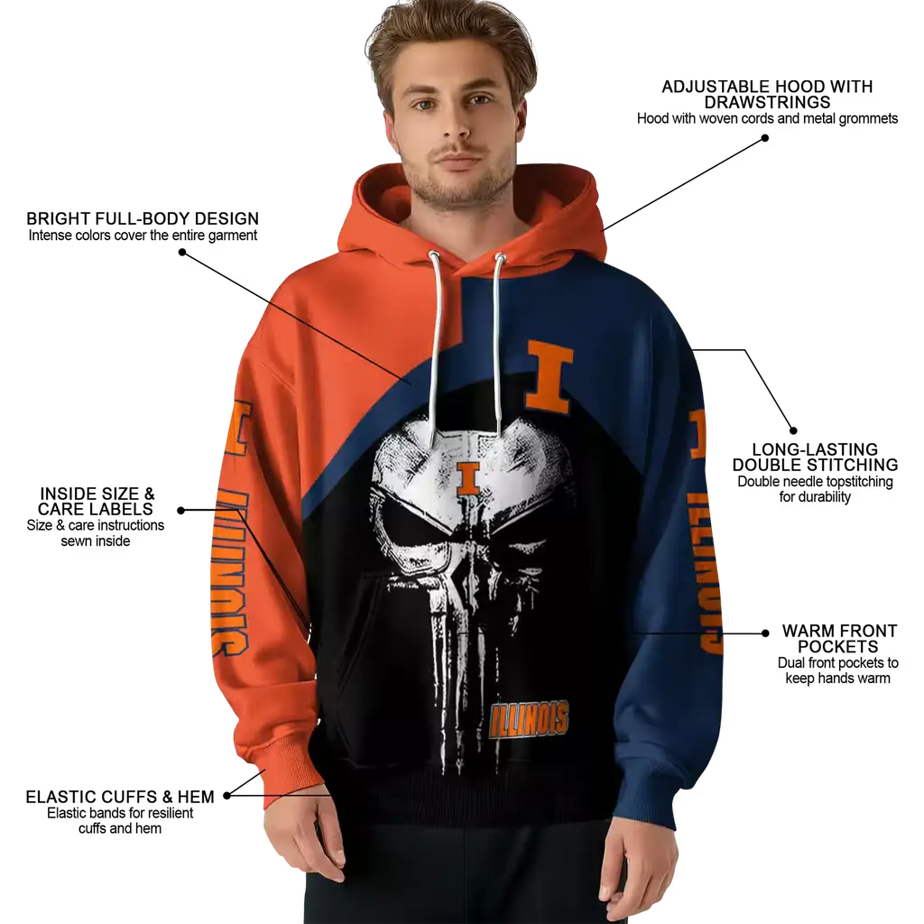 illinois fighting illini skull punisher orange black hoodie latest model illinois fighting illini skull punisher orange black hoodie latest model