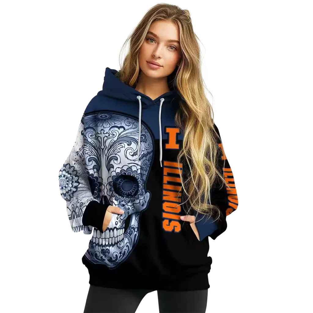 illinois fighting illini sugar skull blue black hoodie high quality illinois fighting illini sugar skull blue black hoodie high quality