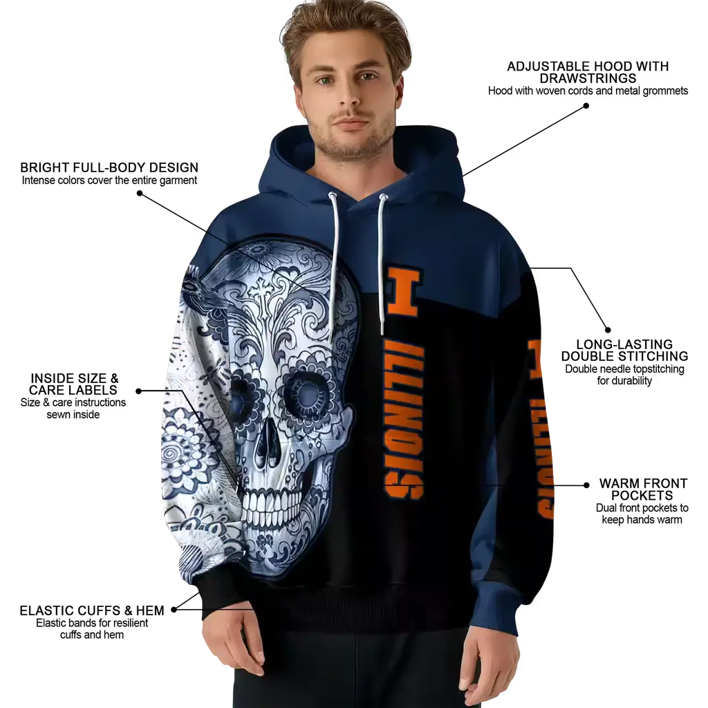 illinois fighting illini sugar skull blue black hoodie latest model illinois fighting illini sugar skull blue black hoodie latest model