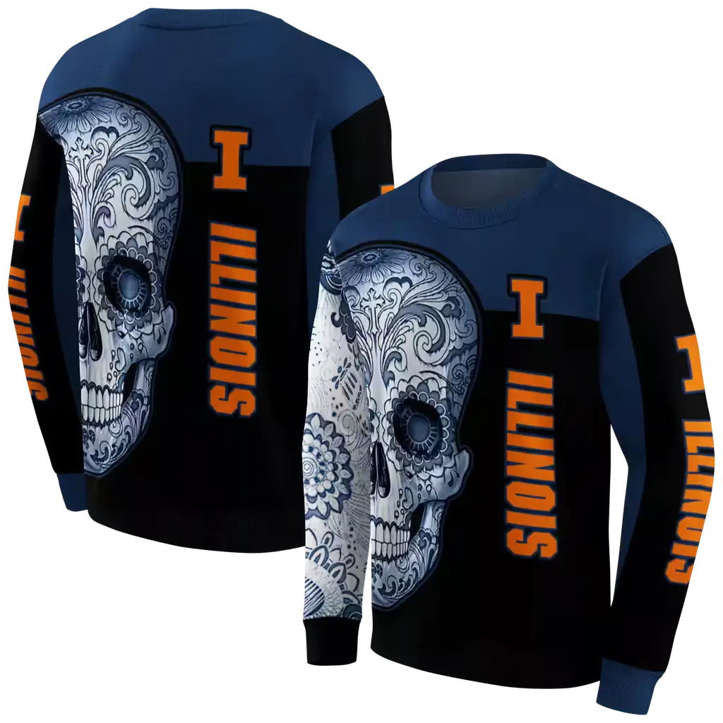 illinois fighting illini sugar skull blue black hoodie premium grade illinois fighting illini sugar skull blue black hoodie premium grade