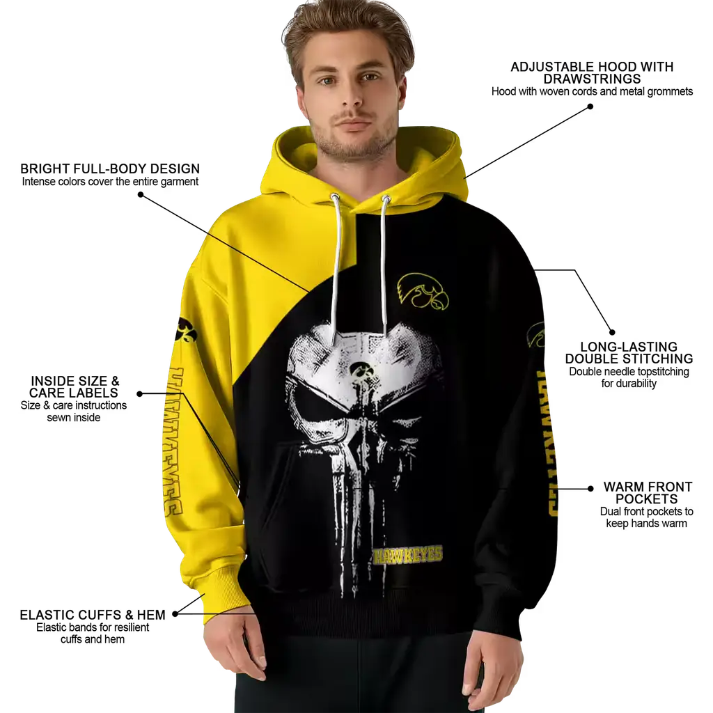 iowa hawkeyes skull punisher gold black hoodie latest model iowa hawkeyes skull punisher gold black hoodie latest model