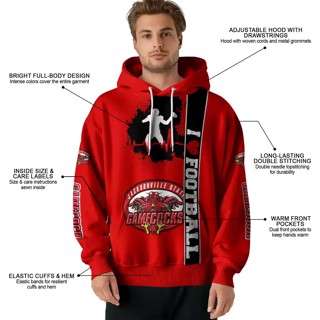 jacksonville state gamecocks football heartbeat red hoodie latest model jacksonville state gamecocks football heartbeat red hoodie latest model