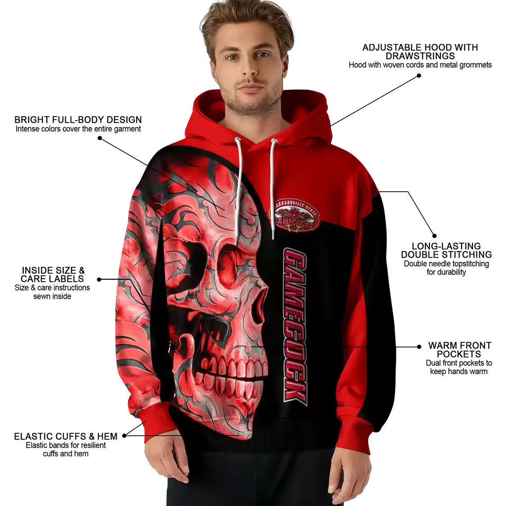 jacksonville state gamecocks skull motif red black hoodie latest model jacksonville state gamecocks skull motif red black hoodie latest model