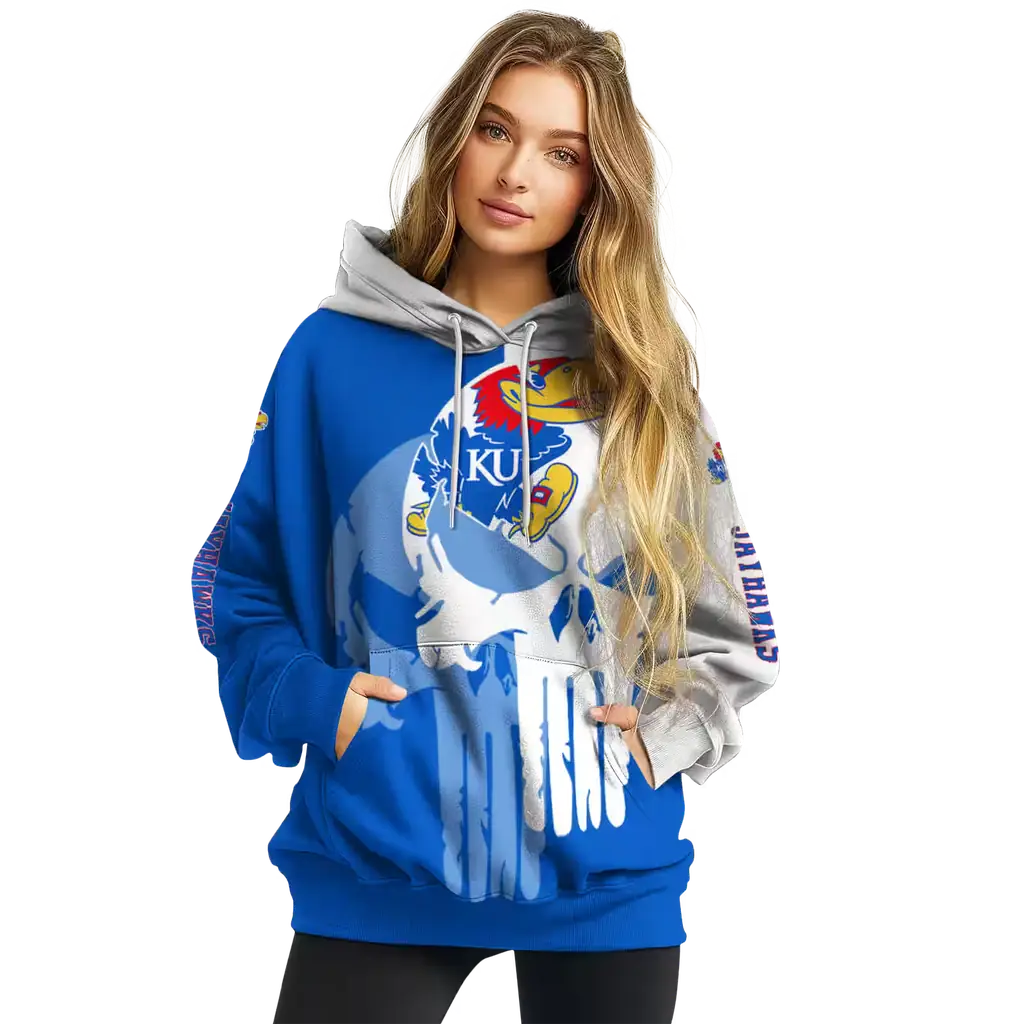 kansas jayhawks graphic punisher blue white hoodie high quality kansas jayhawks graphic punisher blue white hoodie high quality