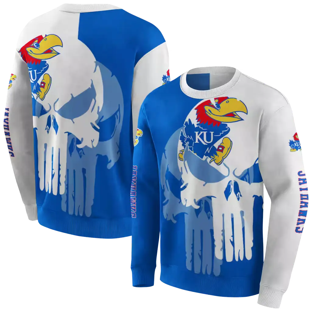 kansas jayhawks graphic punisher blue white hoodie premium grade kansas jayhawks graphic punisher blue white hoodie premium grade