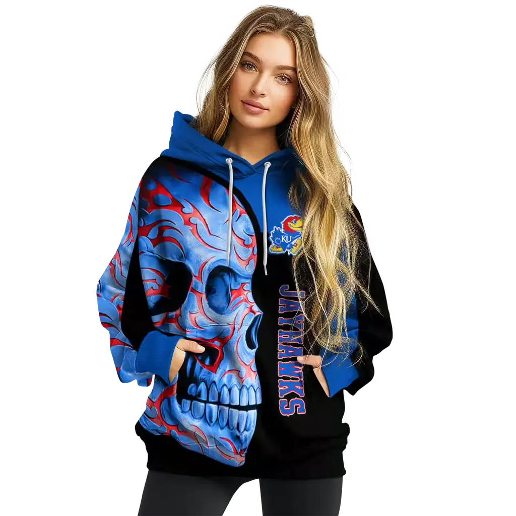 kansas jayhawks skull motif blue black hoodie high quality kansas jayhawks skull motif blue black hoodie high quality
