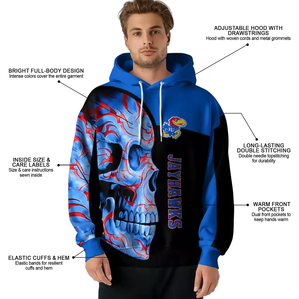 kansas jayhawks skull motif blue black hoodie latest model kansas jayhawks skull motif blue black hoodie latest model