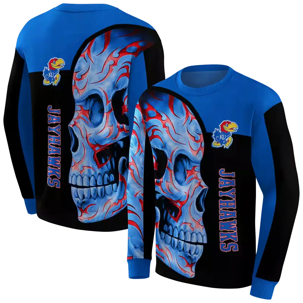 kansas jayhawks skull motif blue black hoodie premium grade kansas jayhawks skull motif blue black hoodie premium grade