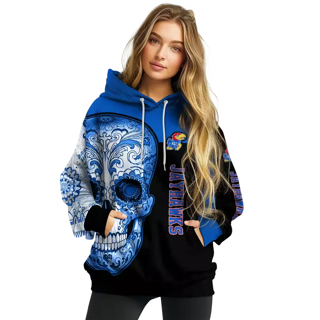kansas jayhawks sugar skull blue black hoodie high quality kansas jayhawks sugar skull blue black hoodie high quality