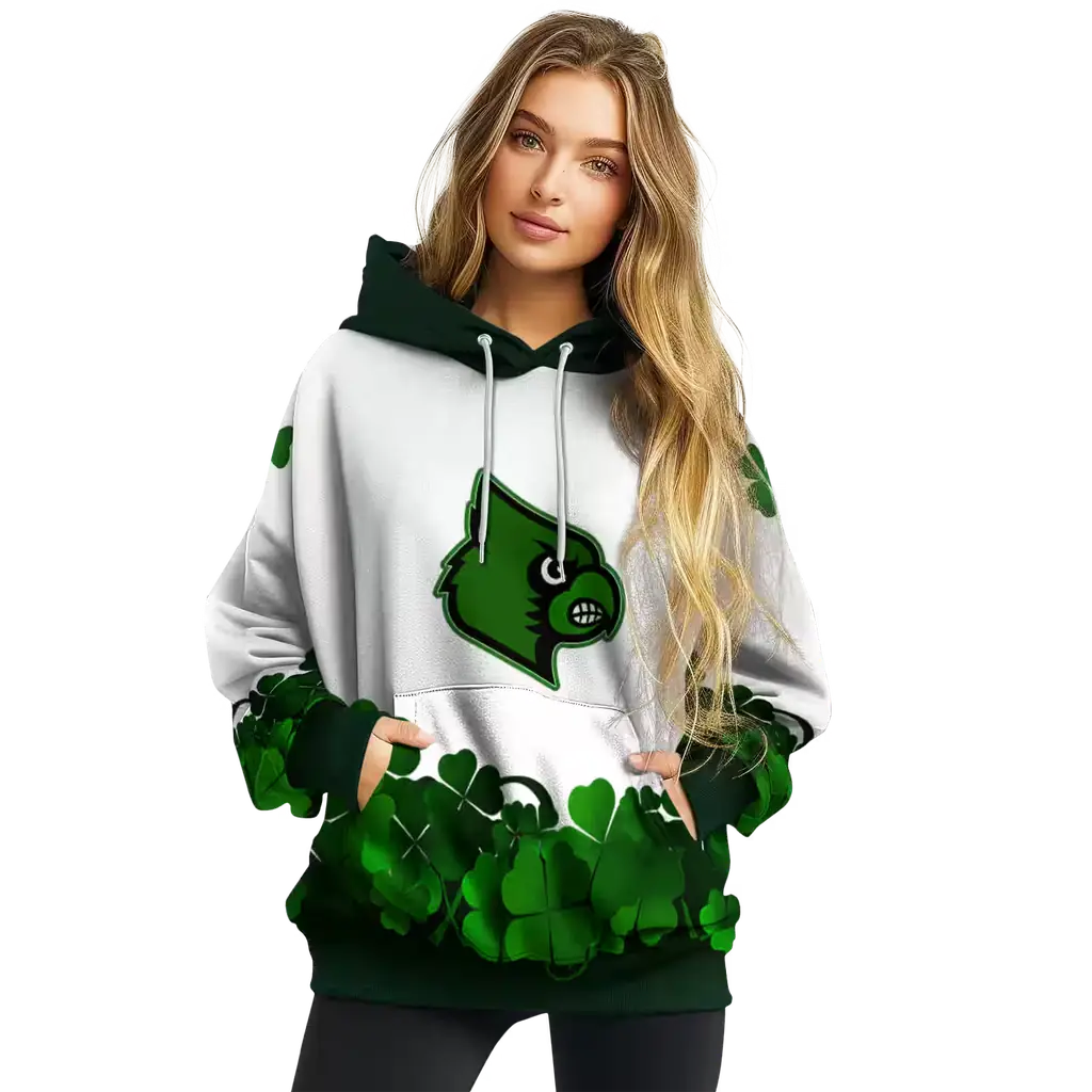 louisville cardinals lucky motif white green hoodie high quality louisville cardinals lucky motif white green hoodie high quality