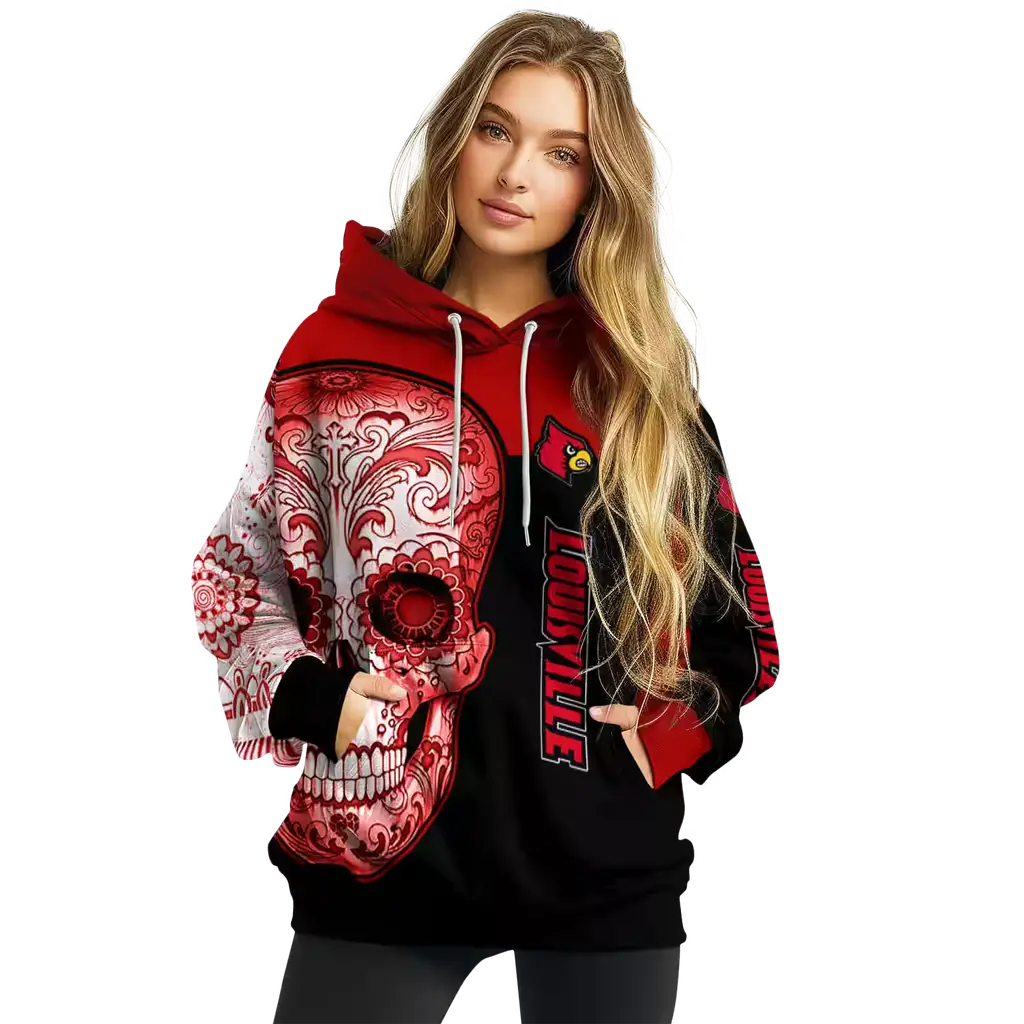 louisville cardinals sugar skull red black hoodie high quality louisville cardinals sugar skull red black hoodie high quality
