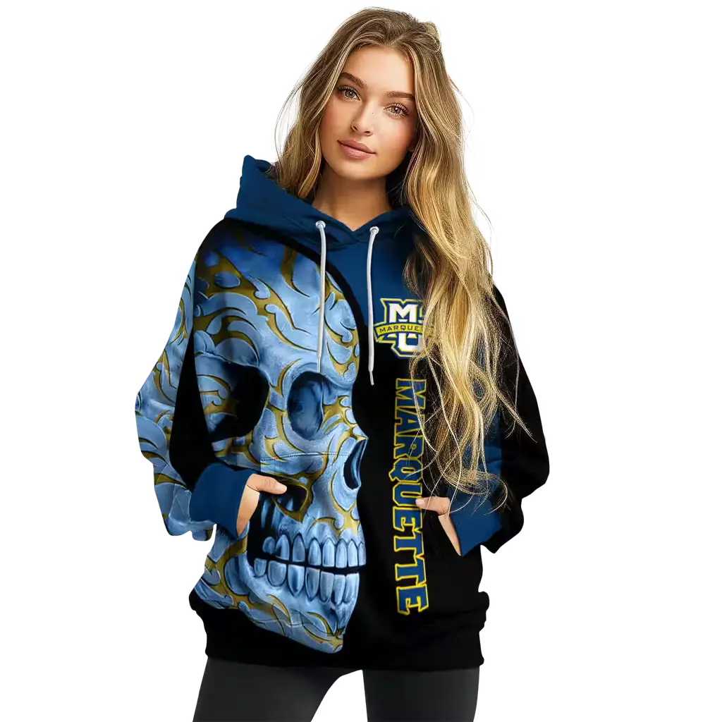 marquette golden eagles skull motif blue black hoodie high quality marquette golden eagles skull motif blue black hoodie high quality
