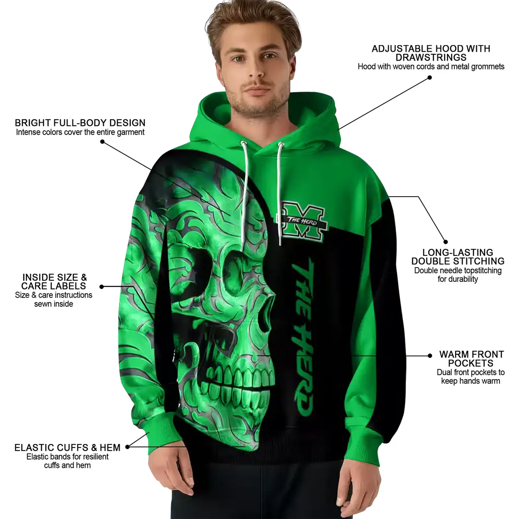 marshall thundering herd skull motif green black hoodie latest model marshall thundering herd skull motif green black hoodie latest model