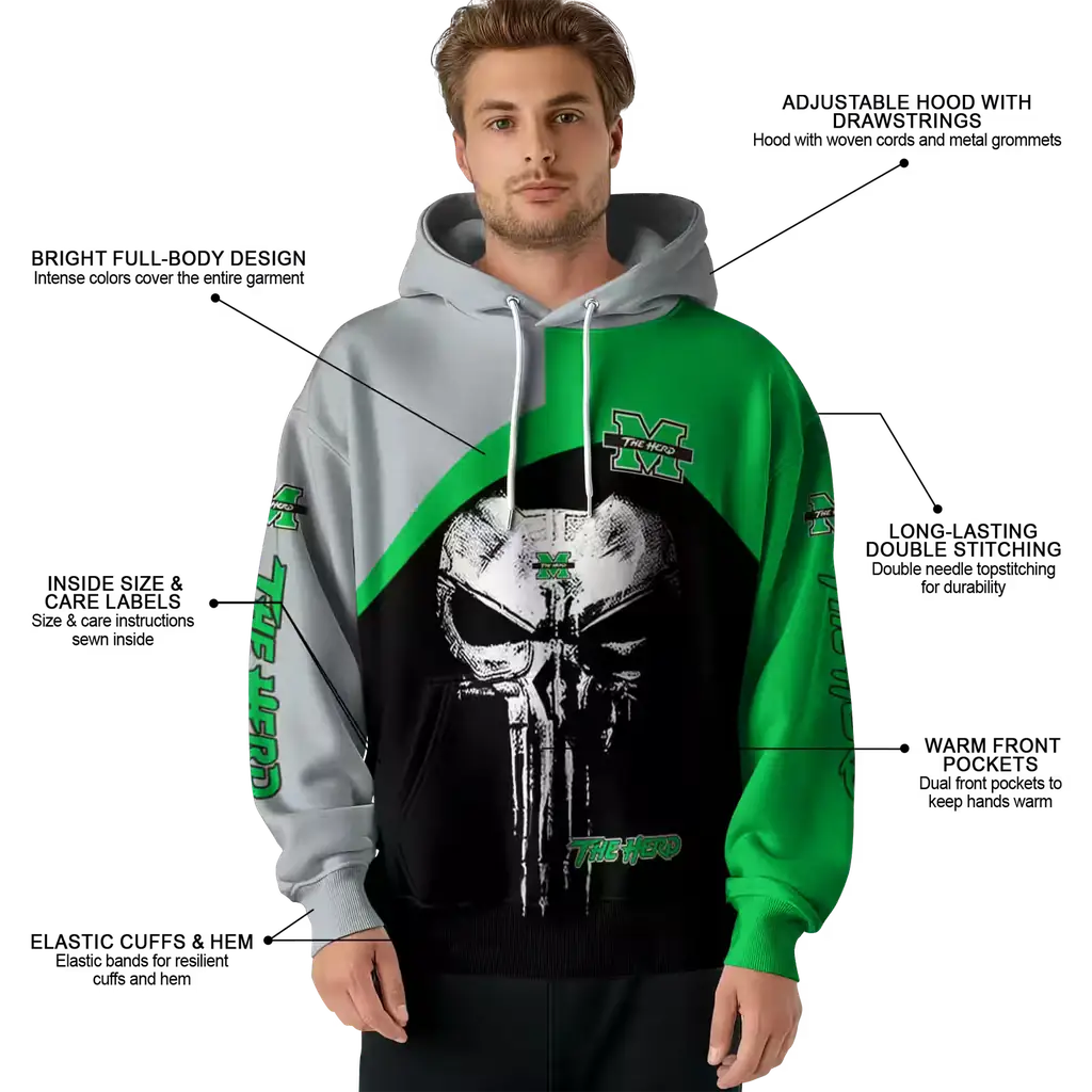 marshall thundering herd skull punisher gray black hoodie latest model marshall thundering herd skull punisher gray black hoodie latest model