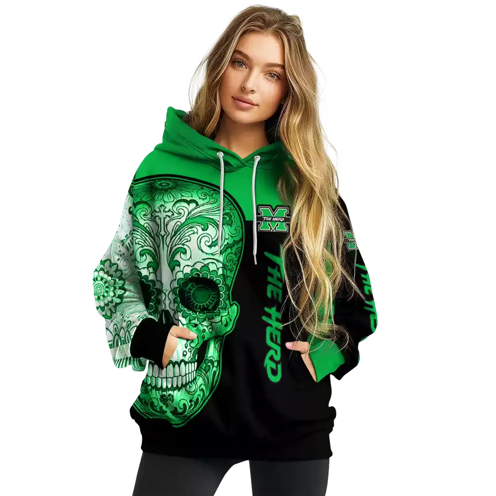marshall thundering herd sugar skull green black hoodie high quality marshall thundering herd sugar skull green black hoodie high quality