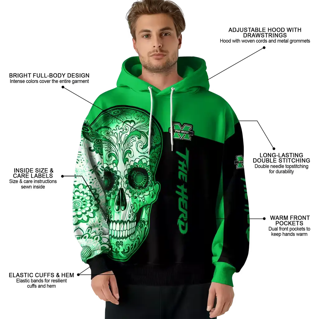 marshall thundering herd sugar skull green black hoodie latest model marshall thundering herd sugar skull green black hoodie latest model