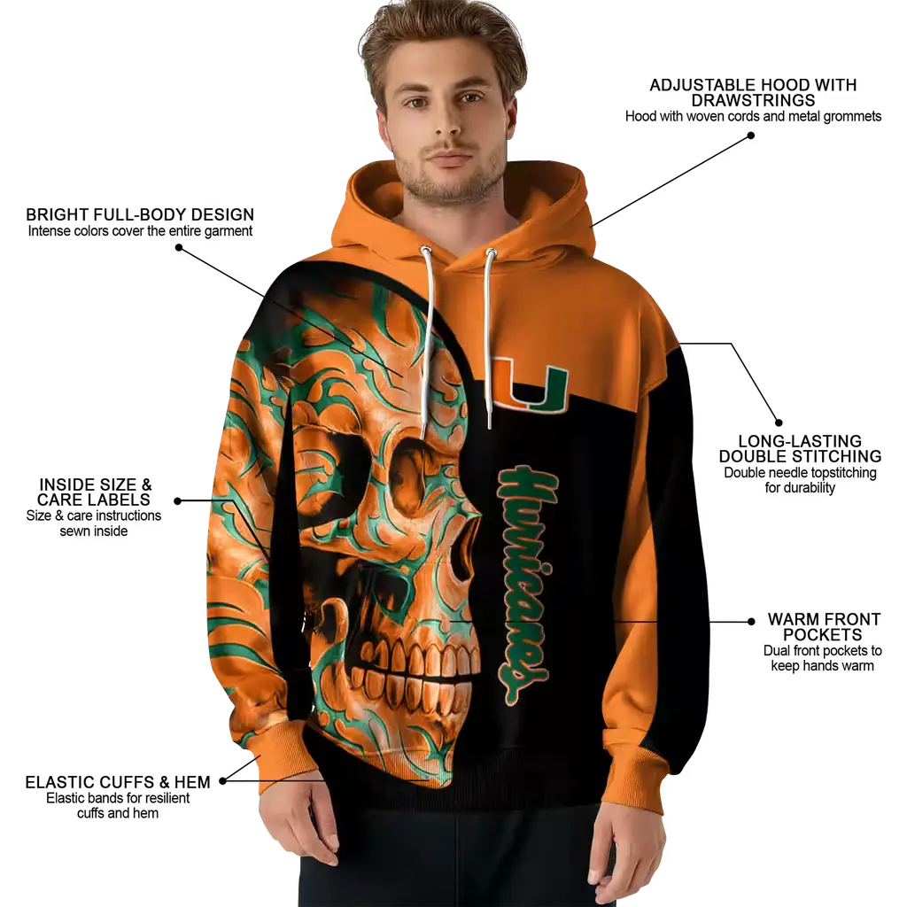 miami hurricanes skull motif orange black hoodie latest model miami hurricanes skull motif orange black hoodie latest model
