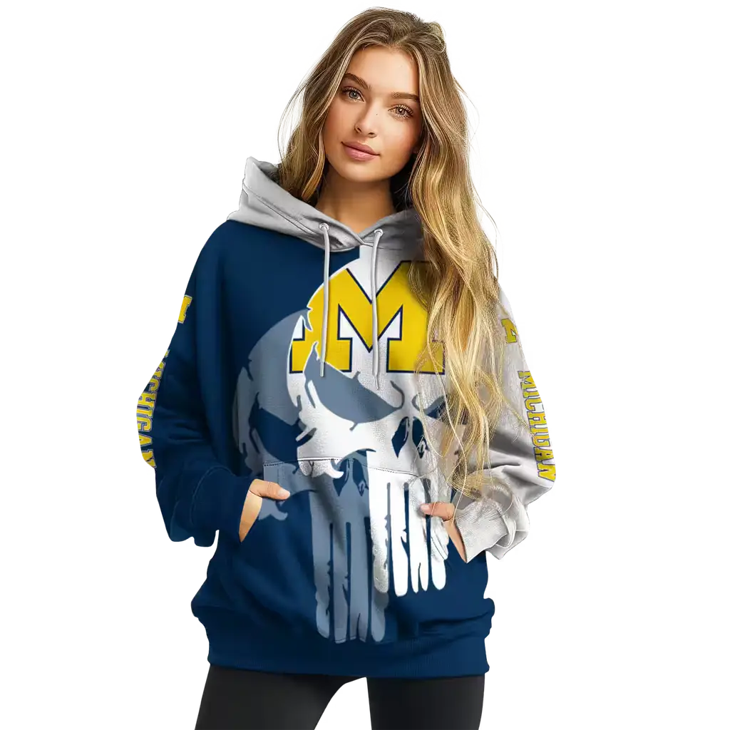michigan wolverines graphic punisher blue white hoodie high quality michigan wolverines graphic punisher blue white hoodie high quality