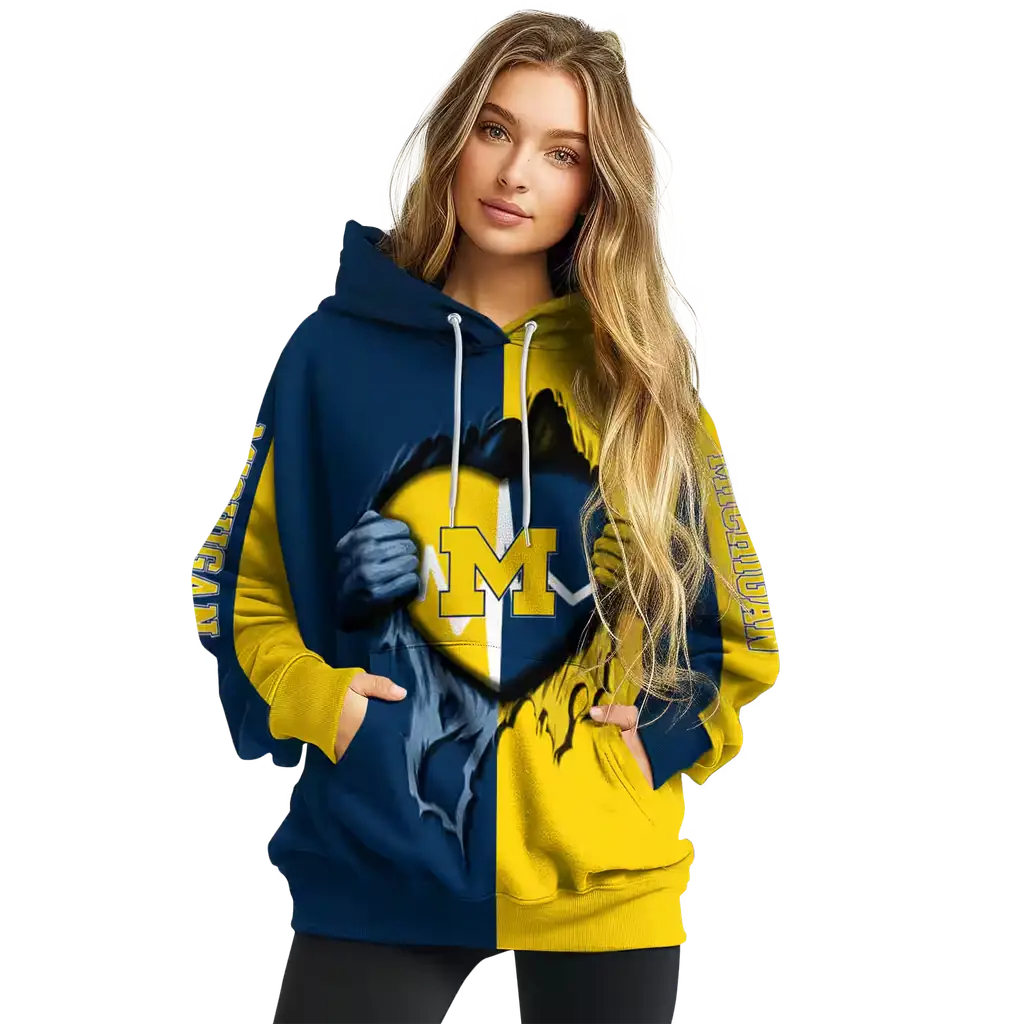 michigan wolverines heartbeat graphic blue hoodie high quality michigan wolverines heartbeat graphic blue hoodie high quality