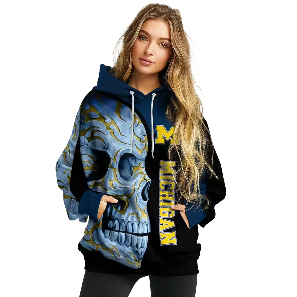 michigan wolverines skull motif blue black hoodie high quality michigan wolverines skull motif blue black hoodie high quality