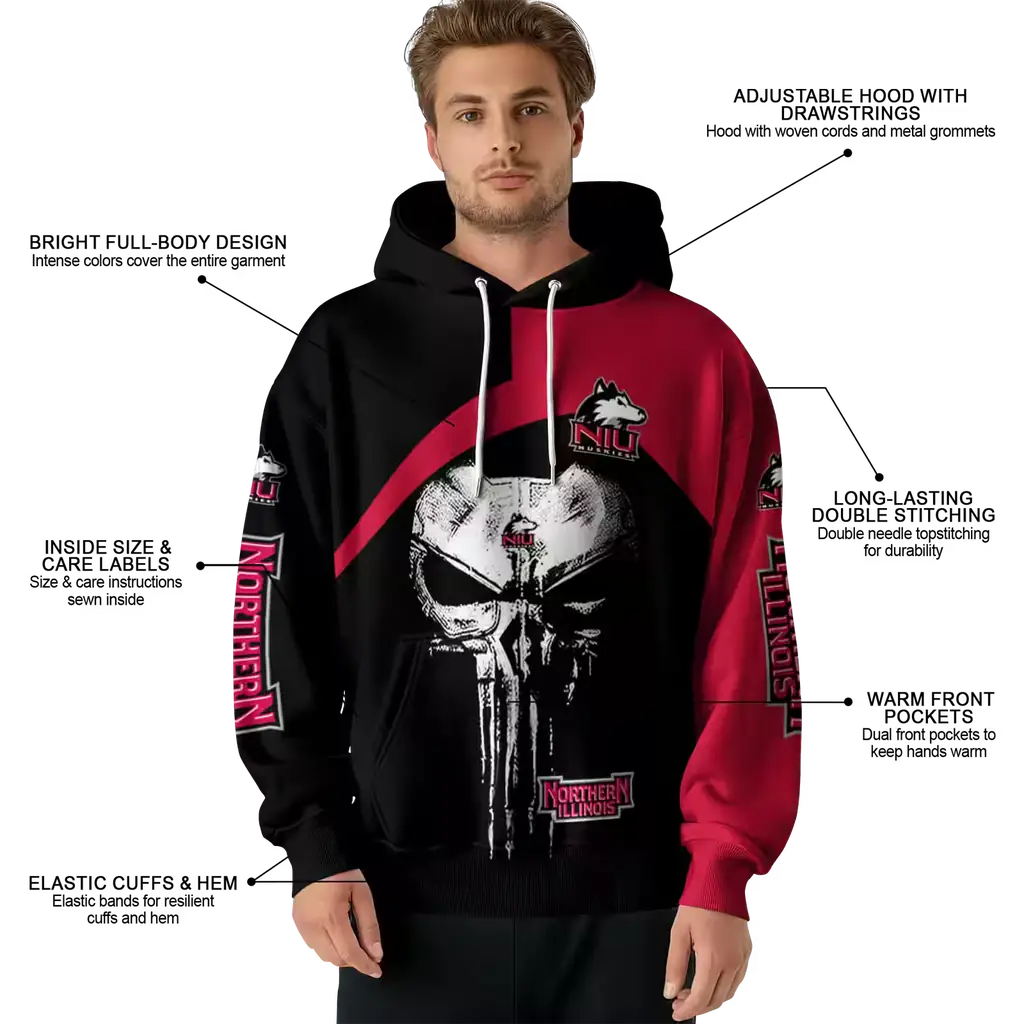 northern illinois huskies skull punisher silver black hoodie latest model northern illinois huskies skull punisher silver black hoodie latest model