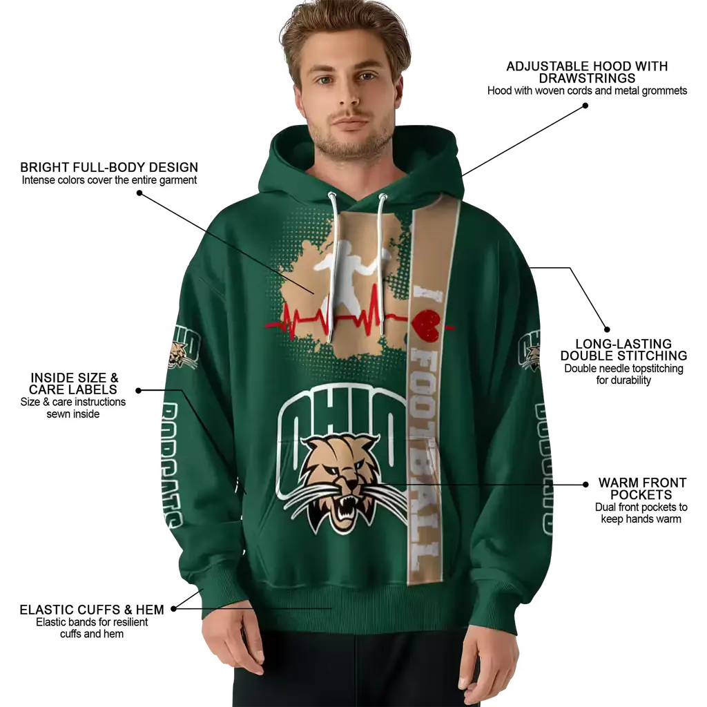 ohio bobcats football heartbeat green hoodie latest model ohio bobcats football heartbeat green hoodie latest model