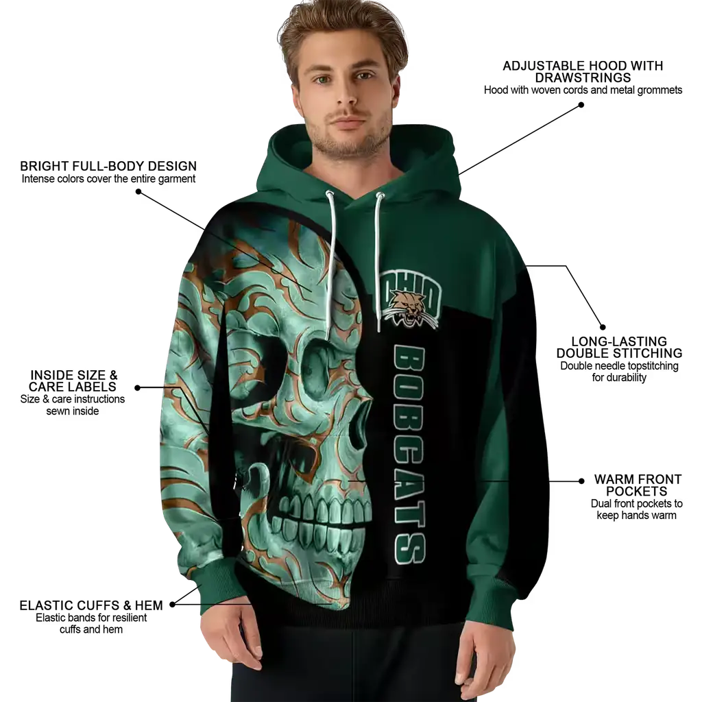 ohio bobcats skull motif green black hoodie latest model ohio bobcats skull motif green black hoodie latest model