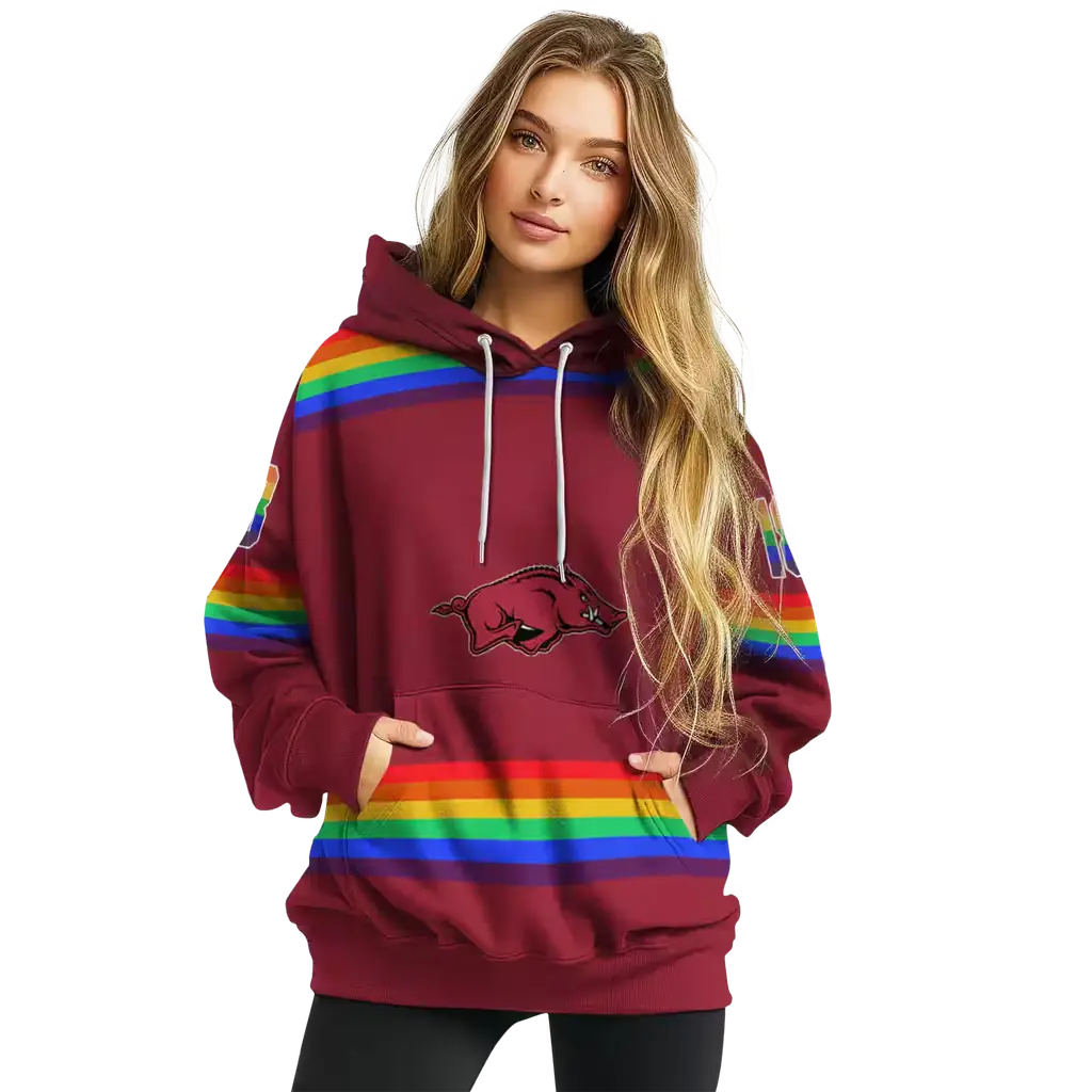personalized arkansas razorbacks rainbow stripes red hoodie high quality personalized arkansas razorbacks rainbow stripes red hoodie high quality