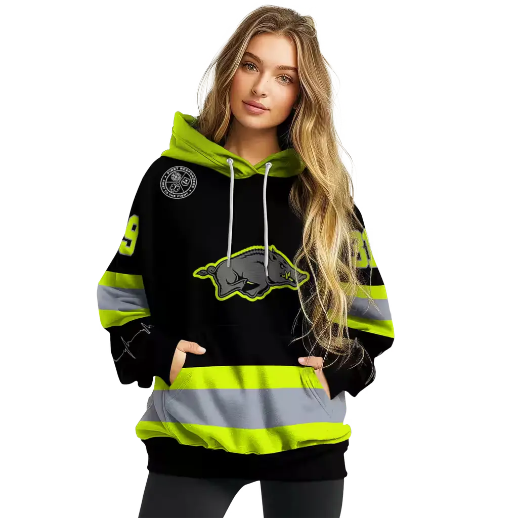 personalized arkansas razorbacks safety motif black neon green hoodie high quality personalized arkansas razorbacks safety motif black neon green hoodie high quality