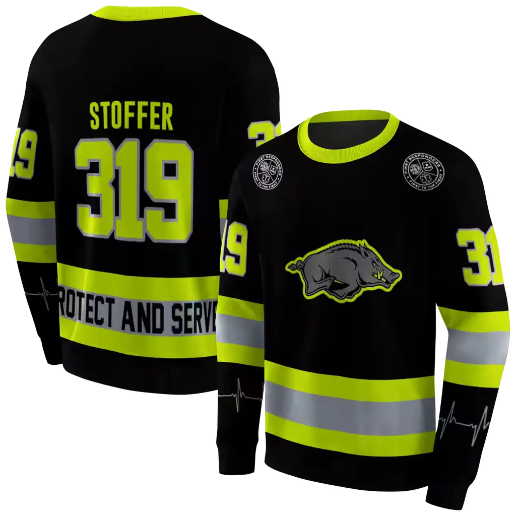 personalized arkansas razorbacks safety motif black neon green hoodie premium grade personalized arkansas razorbacks safety motif black neon green hoodie premium grade