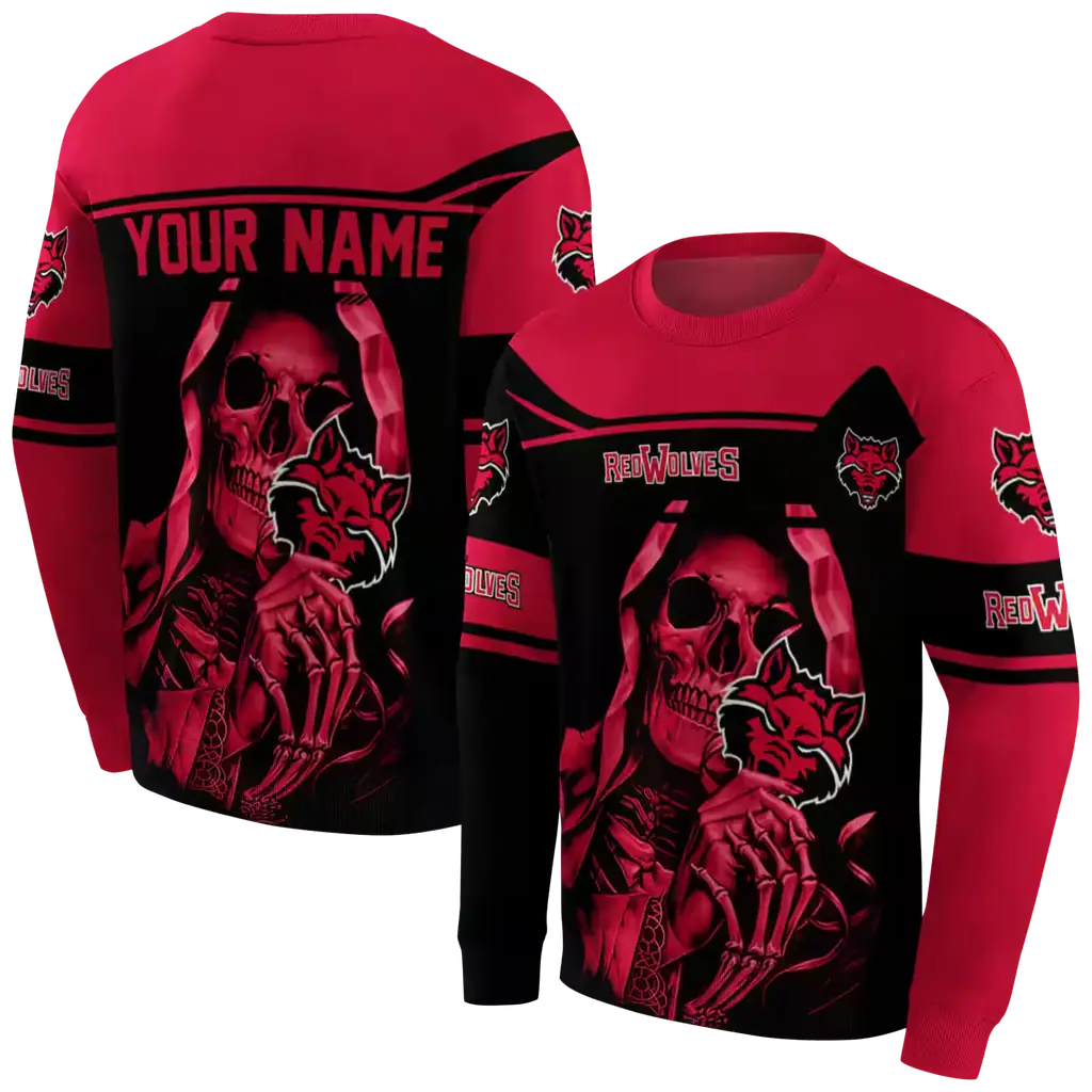 personalized arkansas state red wolves grim reaper scarlet black hoodie premium grade personalized arkansas state red wolves grim reaper scarlet black hoodie premium grade