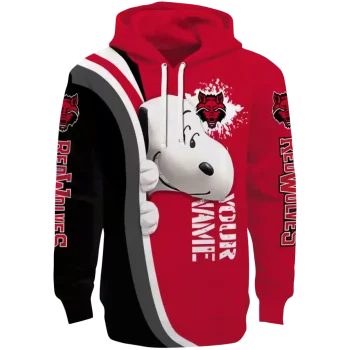 personalized arkansas state red wolves peeking snoopy scarlet hoodie best selling