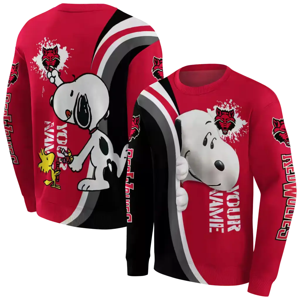 personalized arkansas state red wolves peeking snoopy scarlet hoodie premium grade personalized arkansas state red wolves peeking snoopy scarlet hoodie premium grade