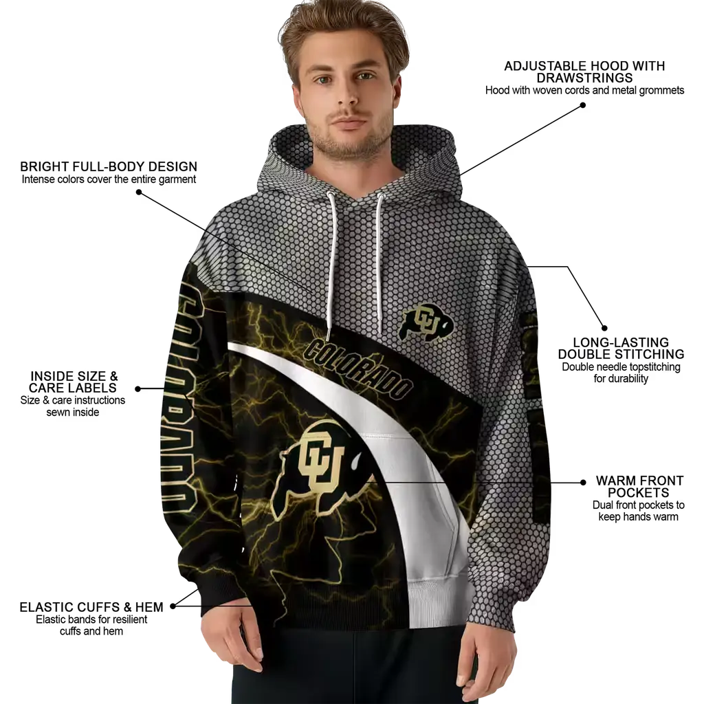 personalized colorado buffaloes hexagonal mesh gold black gray hoodie latest model personalized colorado buffaloes hexagonal mesh gold black gray hoodie latest model