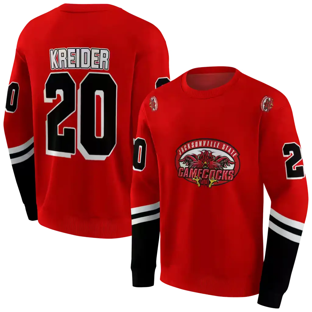 personalized jacksonville state gamecocks striped sleeves red hoodie premium grade personalized jacksonville state gamecocks striped sleeves red hoodie premium grade