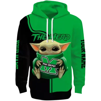 personalized marshall thundering herd baby yoda green black hoodie best selling