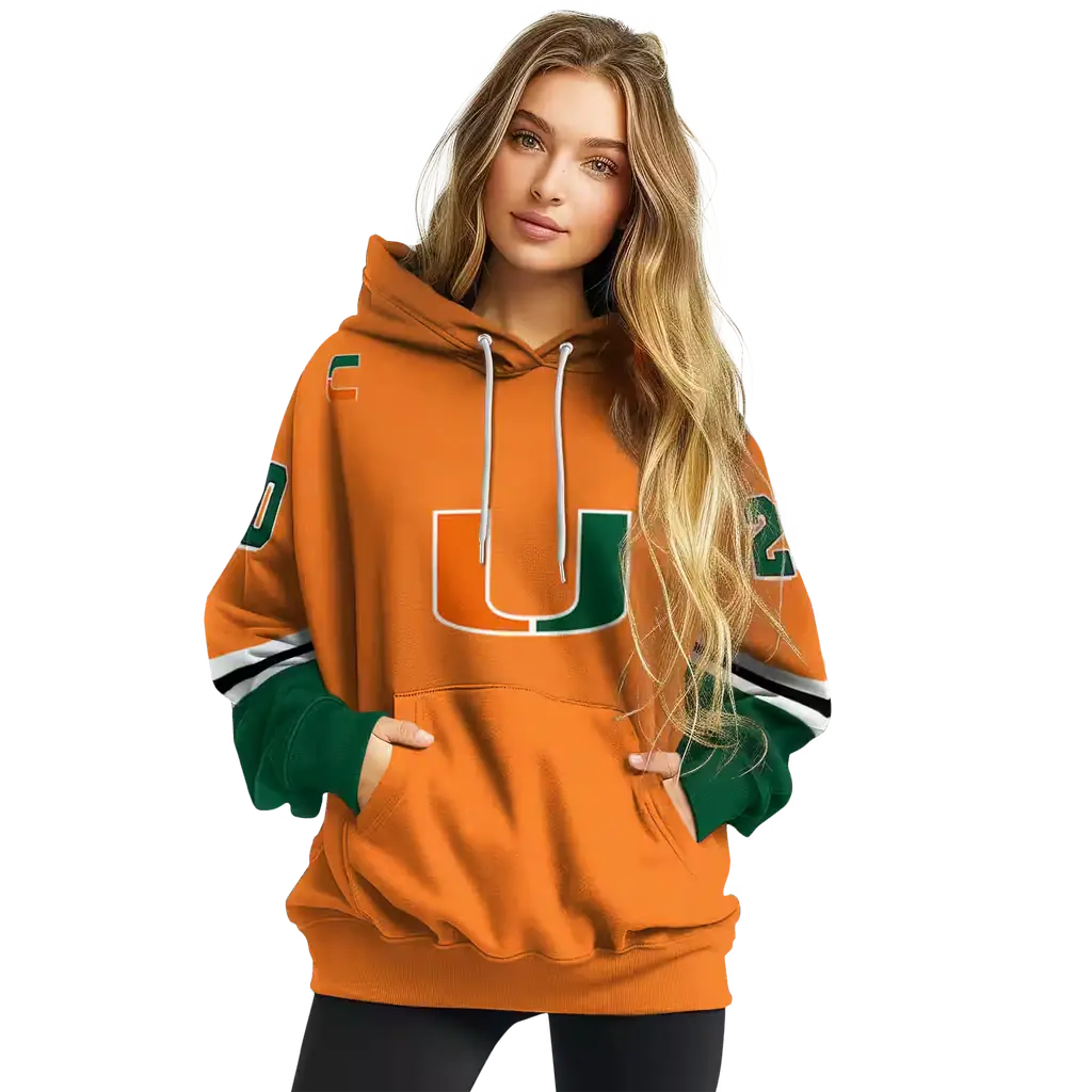 personalized miami hurricanes striped sleeves orange hoodie high quality personalized miami hurricanes striped sleeves orange hoodie high quality