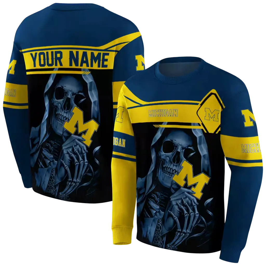 personalized michigan wolverines grim reaper blue black hoodie premium grade personalized michigan wolverines grim reaper blue black hoodie premium grade
