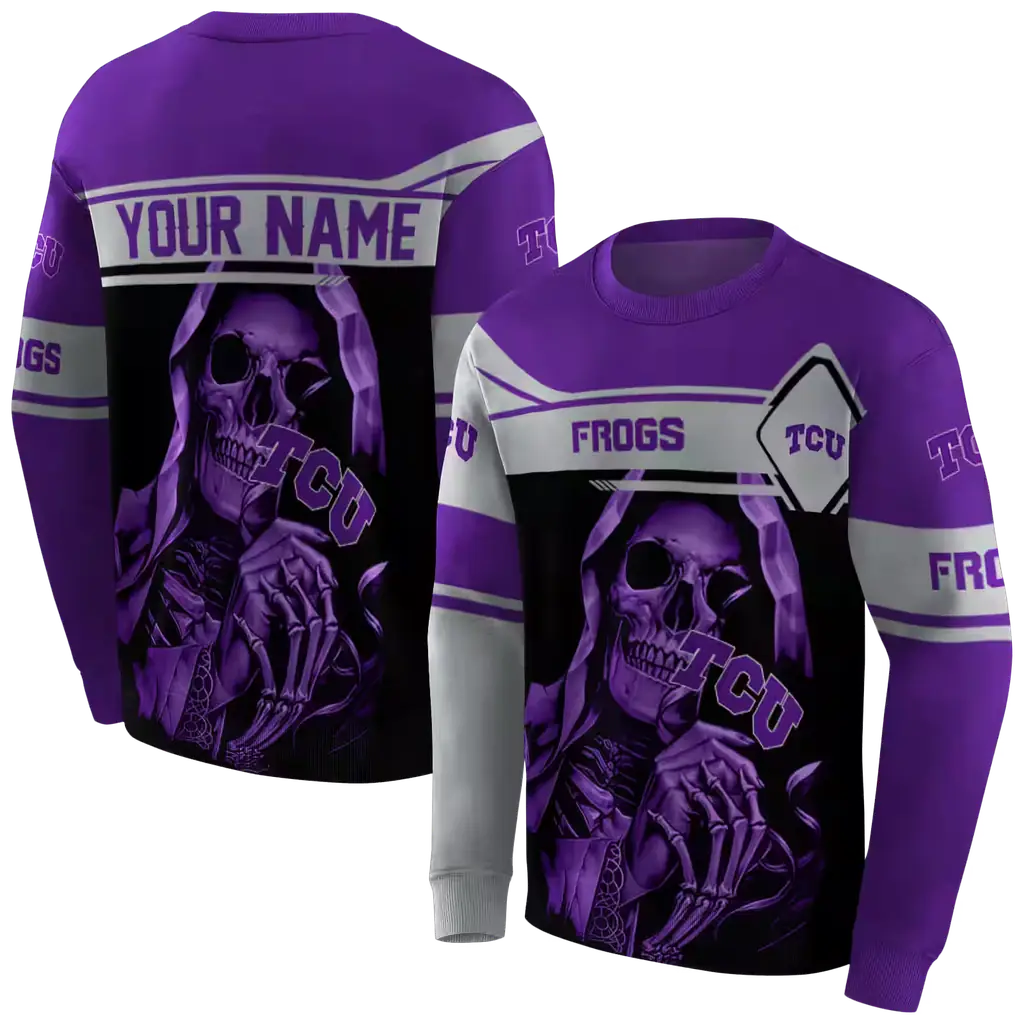personalized tcu horned frogs grim reaper purple black hoodie premium grade personalized tcu horned frogs grim reaper purple black hoodie premium grade