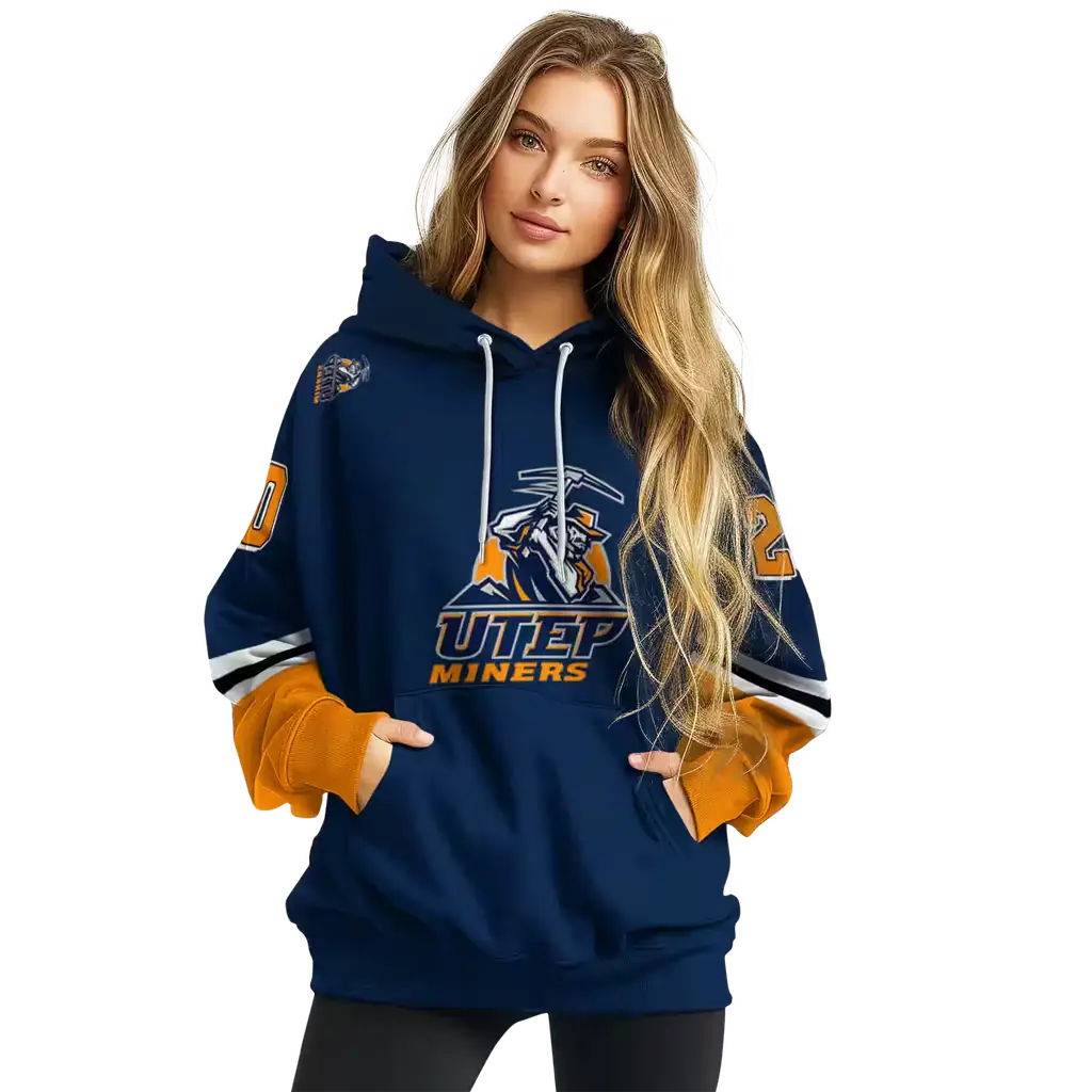 personalized utep miners striped sleeves blue hoodie high quality personalized utep miners striped sleeves blue hoodie high quality