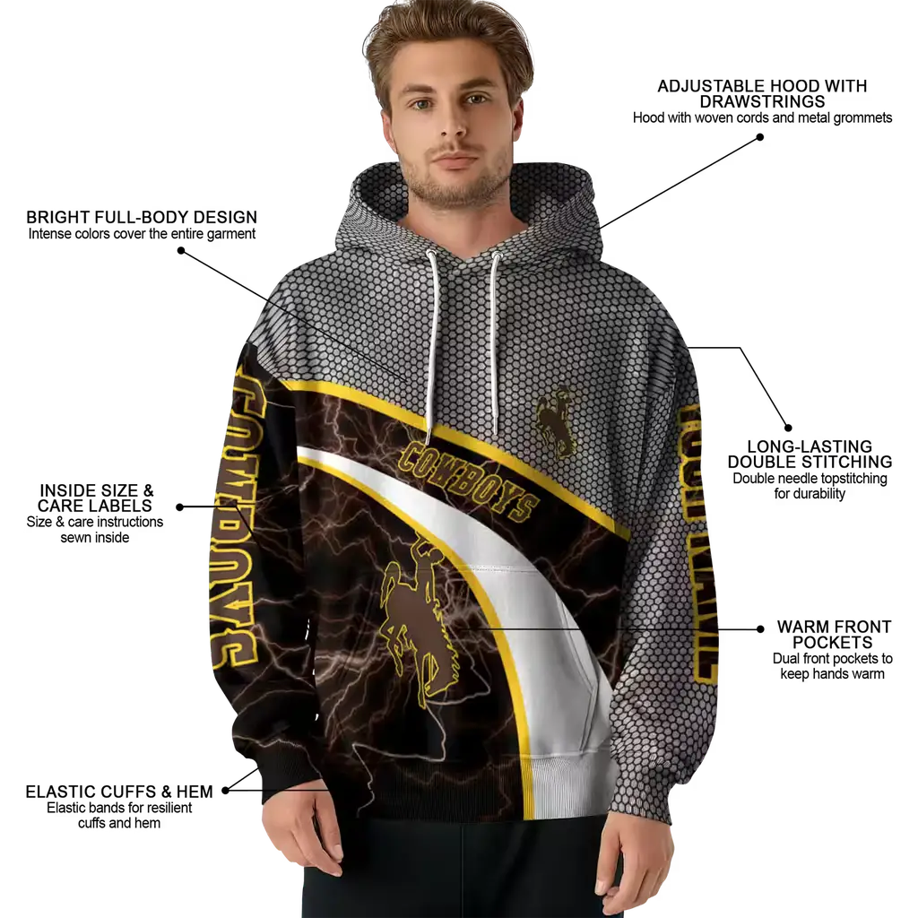 personalized wyoming cowboys hexagonal mesh brown black gray hoodie latest model personalized wyoming cowboys hexagonal mesh brown black gray hoodie latest model