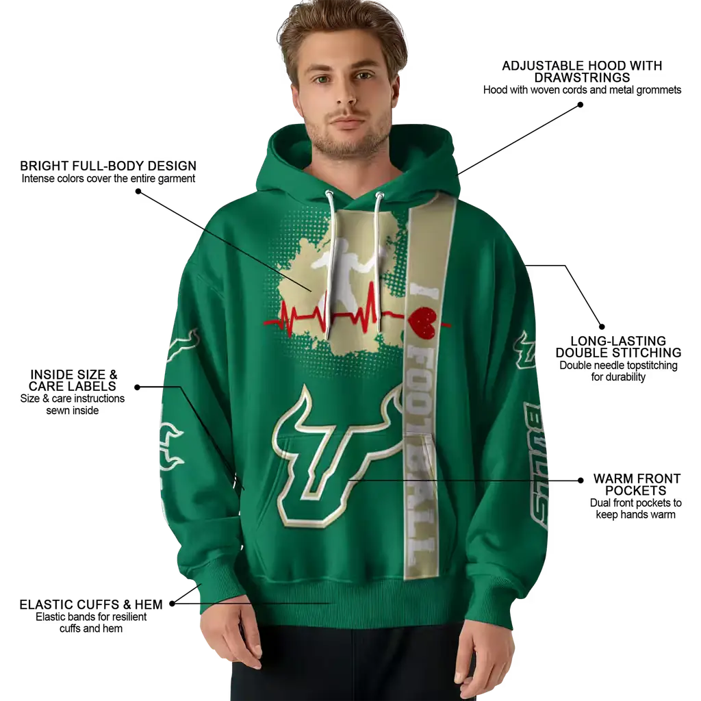 south florida bulls football heartbeat green hoodie latest model south florida bulls football heartbeat green hoodie latest model