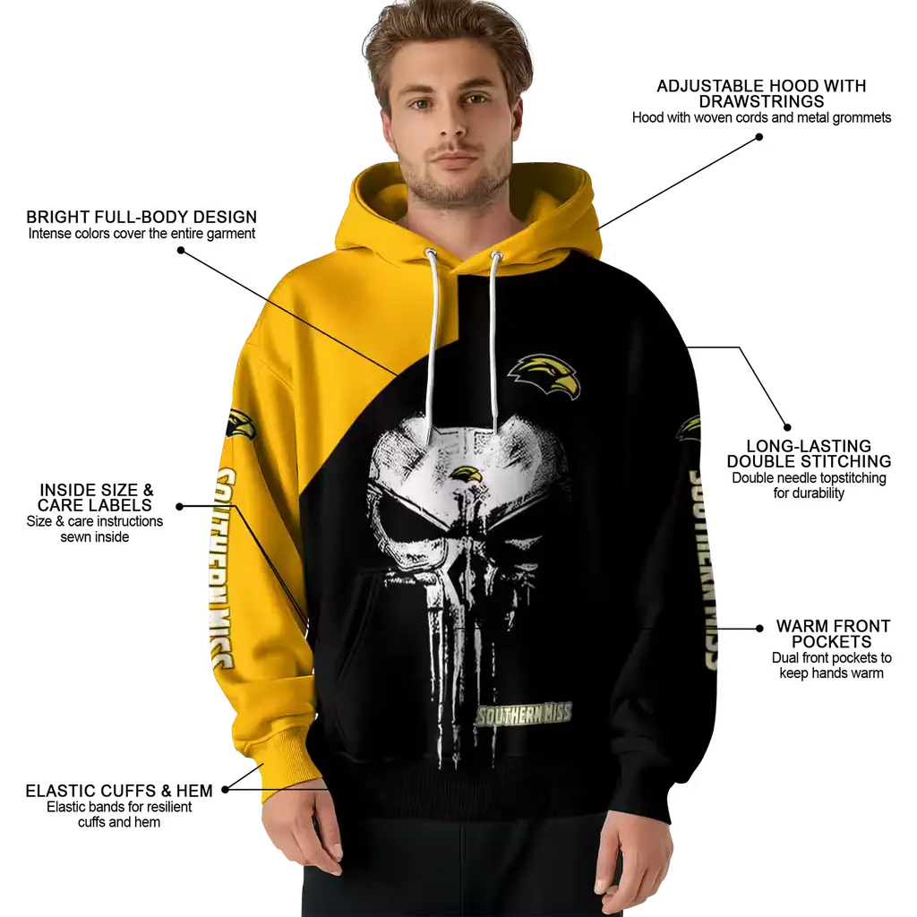 southern miss golden eagles skull punisher gold black hoodie latest model southern miss golden eagles skull punisher gold black hoodie latest model