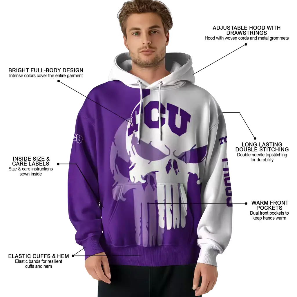 tcu horned frogs graphic punisher purple white hoodie latest model tcu horned frogs graphic punisher purple white hoodie latest model