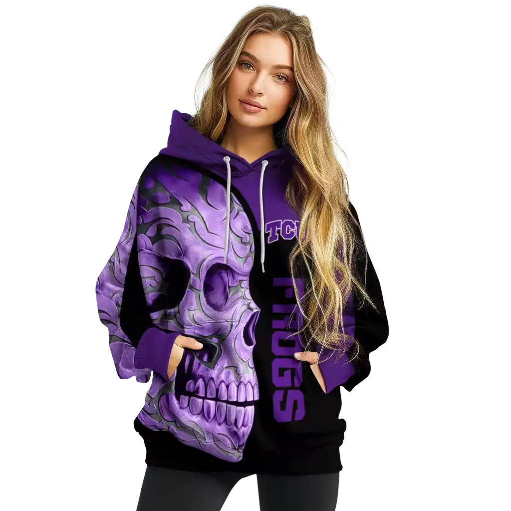 tcu horned frogs skull motif purple black hoodie high quality tcu horned frogs skull motif purple black hoodie high quality